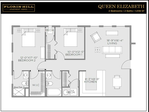 Floor plan for 2 beds, 2 baths, 1038 sqft